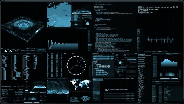 Futuristic digital interface screen. Streaming and flashing computer interface with map, satellite images and network status, levels and spectrum of signals, Extremely detailed.