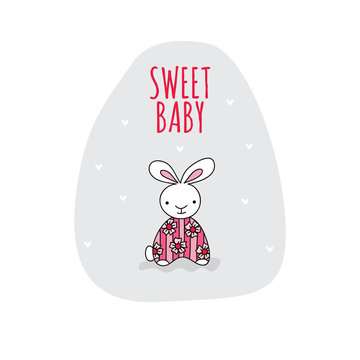 Cute rabbit with the words sweet baby vector illustration on a grey background shape.