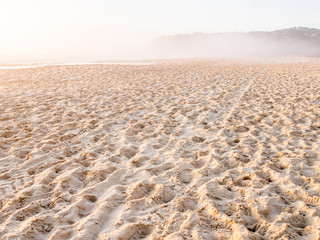 Footprints in sand on beach in early morning with mist
