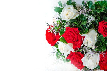 bouquet of red roses on white background and copy space