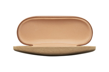 Open brown wooden glasses case isolated on white background