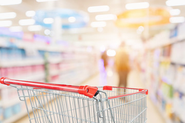 Empty shopping cart with abstract blur supermarket discount store aisle and product shelves interior defocused background