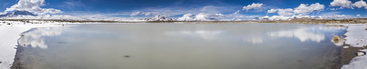 The great views of Lauca National Park landscapes with its amazing reflections over the Cotacotani Lagoons during a crescent moon cycle, Arica, Chile