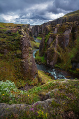 Scenic View of Fjadrargljufur Canyon in South Iceland summer.