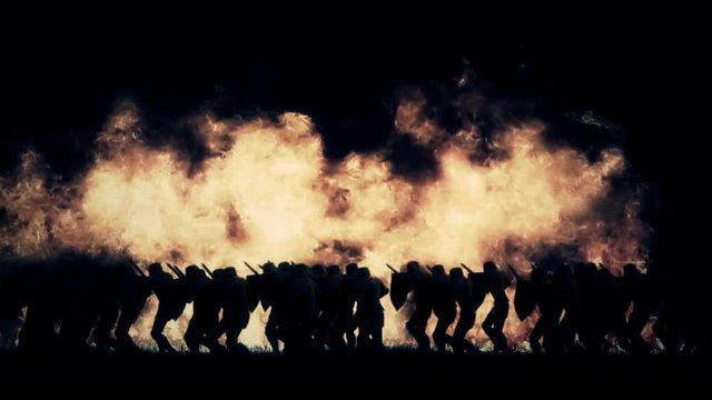 Army of Knights Marching Under a Massive Fire and Storm