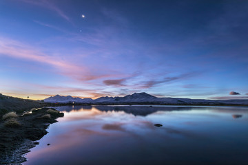 The great views of Lauca National Park landscapes with its amazing reflections over the Cotacotani Lagoons during a crescent moon cycle, Arica, Chile