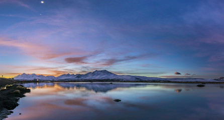 The great views of Lauca National Park landscapes with its amazing reflections over the Cotacotani Lagoons during a crescent moon cycle, Arica, Chile