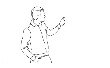 continuous line drawing of standing man presenter pointing at screen