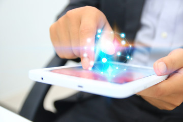 Businessman touching nodes connected. Business connection concept