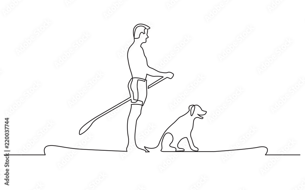 Wall mural continuous line drawing of man and dog paddling on board