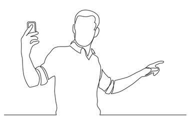 continuous line drawing of standing man shooting video on his mobile phone