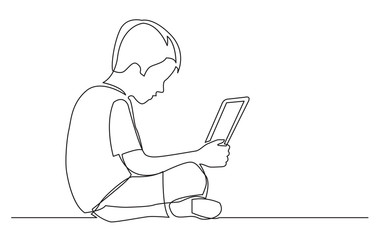 continuous line drawing of sitting boy watching laptop computer