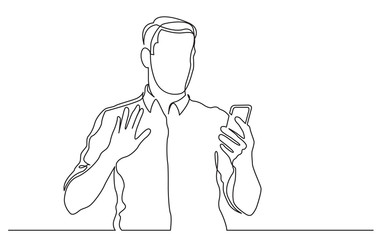 continuous line drawing of standing man waving to his mobile phone