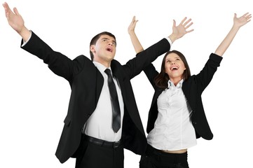 Businessman and Businesswoman Celebrating - Isolated