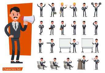 Set of Businessman character vector design doing different gestures. Presentation in various action with emotions, running, standing, walking and working. no4