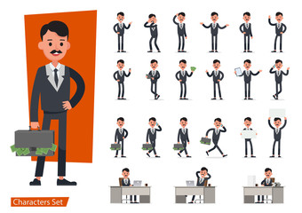 Set of Businessman character vector design doing different gestures. Presentation in various action with emotions, running, standing, walking and working. no5