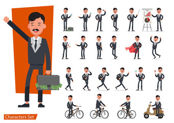 Set of Businessman character vector design doing different gestures. Presentation in various action with emotions, running, standing, walking and working. no6