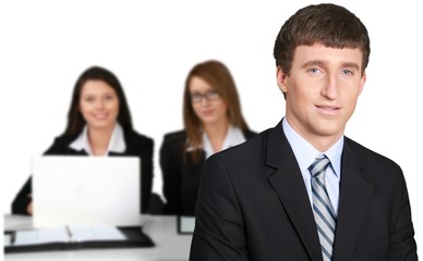 Young businessman and women working together in office isolated