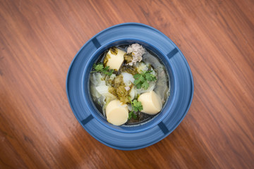 Thai food, Tom Chued Tao Hu Sarai, Tofu soup with chinese cabbage and seaweed