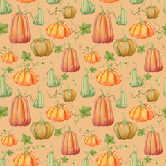 Orange pumpkins, Halloween, seamless pattern,
