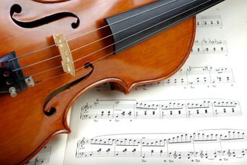 Violin on sheet music. close up.	