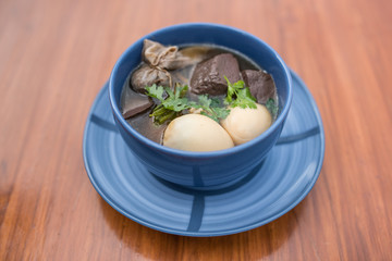 Thai food, Khai Pha Loaw, chicken egg, pork, chiken blood in cinnamon soup