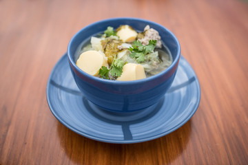 Thai food, Tom Chued Tao Hu Sarai, Tofu soup with chinese cabbage and seaweed