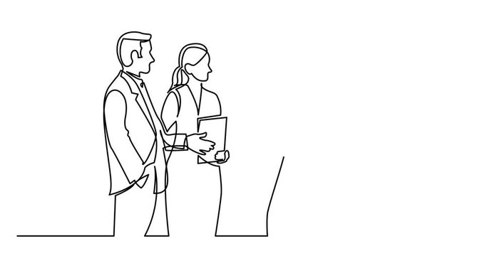 Animation of continuous line drawing of standing businee people discussing deal