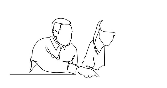 Animation of continuous line drawing of man instructing woman on work place