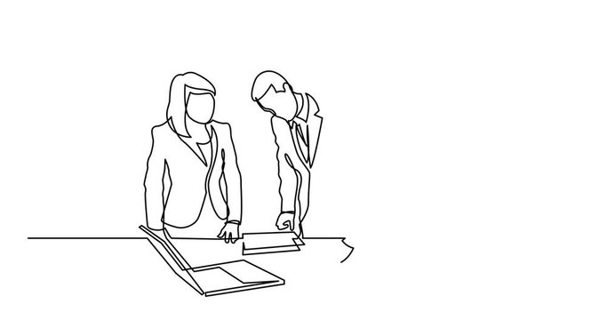 Animation of continuous line drawing of standing office workers editing paper documents