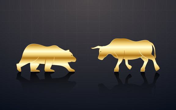 Abstract financial chart with golden bulls and bear in stock market on black background