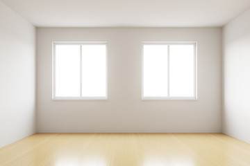 An empty room with white walls, two large Windows and wooden floors. Concept of relocation. 3d rendering