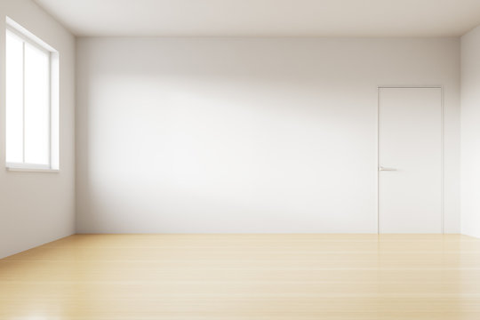 Empty spacious bright room with white walls, window, wooden floor and door. Concept of relocation. 3d rendering