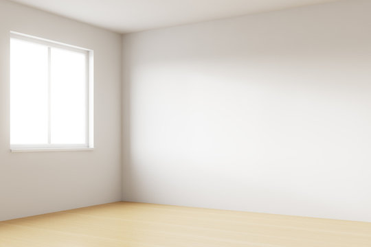 Empty bright room with white walls, one window and wooden floor. Concept of relocation. 3d rendering