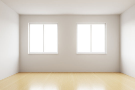 An empty room with white walls, two large Windows and wooden floors. Concept of relocation. 3d rendering