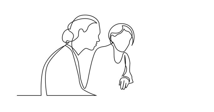 Animation of continuous line drawing of two women sitting and watching laptop computer