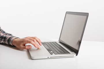 Laptop with man hand isolated