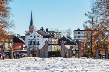 Oslo city skyline from The Vigeland Park in winter season Norway