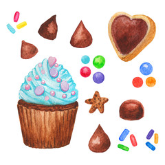 Watercolor cupcake, fairy cake isolated on a white background. Sweet delicious hand drawn bakery illustration.