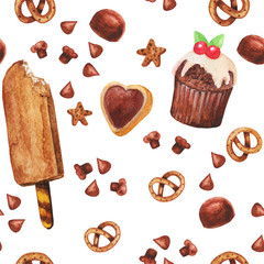 Watercolor cupcake, sweets and ice cream seamless pattern, fairy cake isolated on a white background. Sweet delicious hand drawn bakery illustration.
