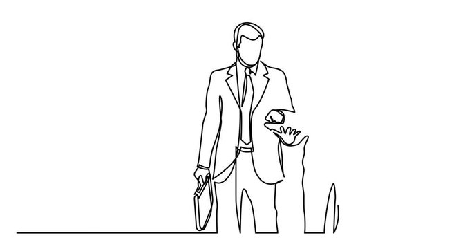 Animation of continuous line drawing of two businessmen walking discussing deal
