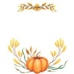 Watercolor background autumn design with pumpkin motley foliage celebration harvesting. Hand-drawn watercolor illustration.