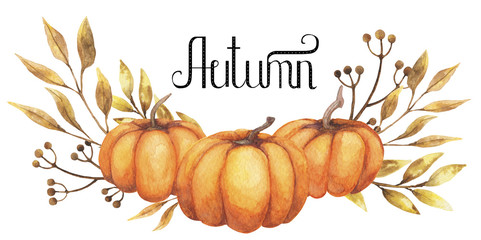 Watercolor background autumn design with pumpkin motley foliage celebration harvesting. Hand-drawn watercolor illustration.