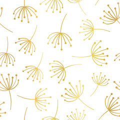 Gold foil florals seamless vector background. Golden abstract wildflower grass shapes on white background. Elegant, luxurious pattern for scrap booking, banner, packaging, wedding, party, invite, blog