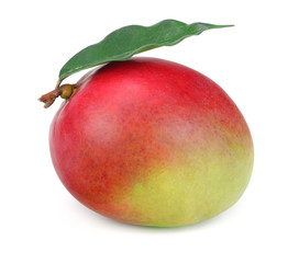 mango with green leaves isolated on white background. healthy food.