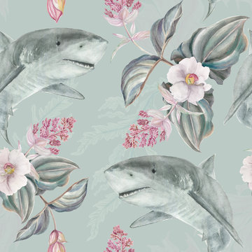 Seamless hand illustrated floral pattern with pink Medinilla Magnifica and sharks