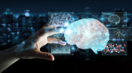Businesswoman using digital 3D projection of a human brain 3D rendering