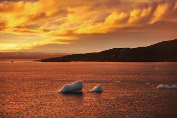 A colorful sunset near the coast of eastern Greenland.