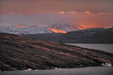 A colorful sunset near the coast of eastern Greenland.