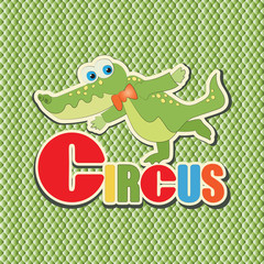 Fototapeta premium Green crocodile. Circus. Sticker. Vector image on a background of green texture. Painting for the child. Characters of cartoons. Design for illustrating children's books, textiles, background images.